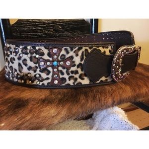 Wide leopard belt with turquoise & rhinestones.